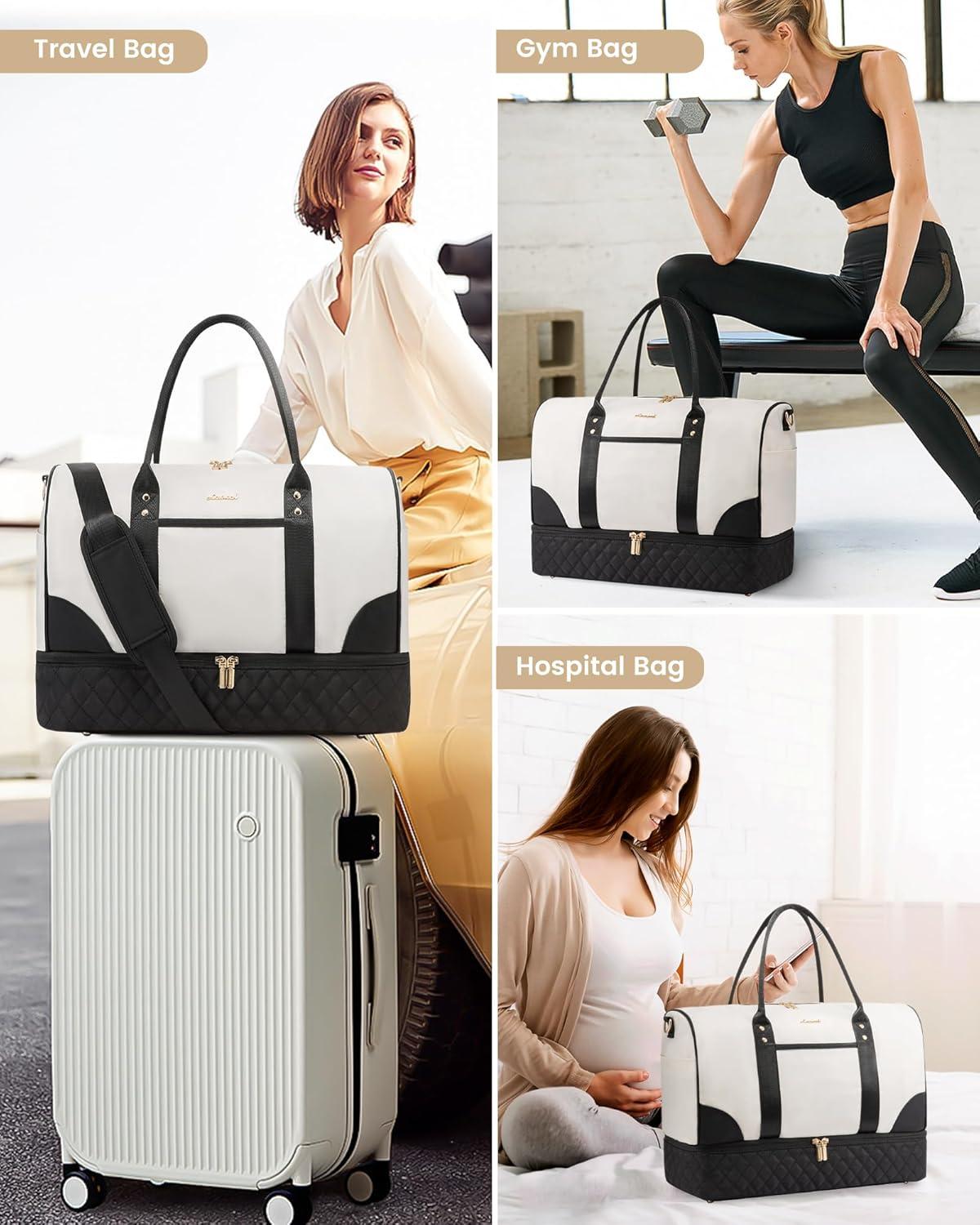 LOVEVOOK Reisetasche Damen Weekender Bag mit Schuhfach & Nassfach, 2-teiliges Set Groß, Handgepäck für Flugzeug, Reisen, Gym, Schwarz & Beige