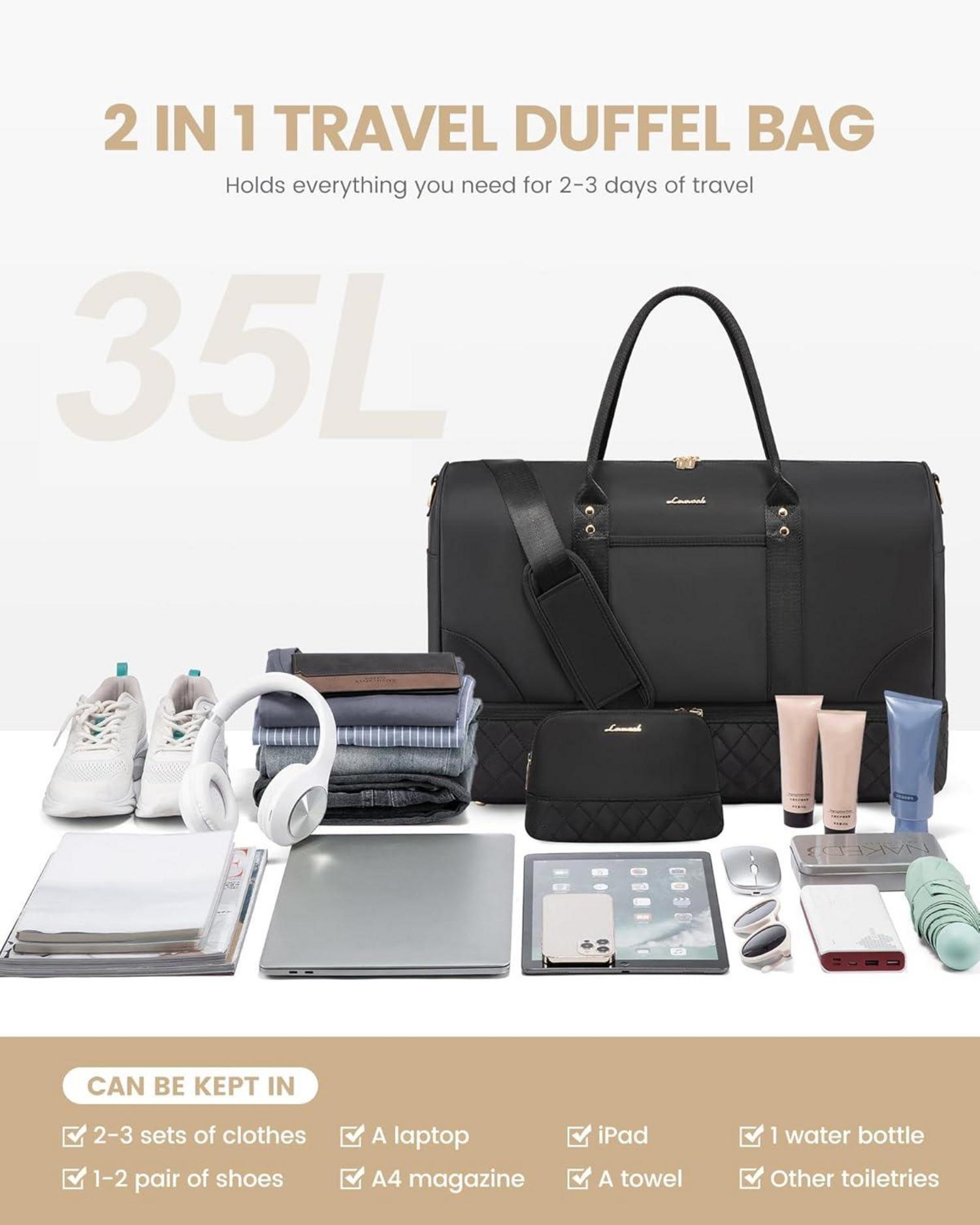Damen Reisetasche Weekender Bag mit Schuhfach Nassfach, 2-teiliges Set Schwarz