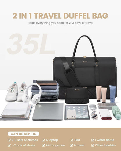 Damen Reisetasche Weekender Bag mit Schuhfach Nassfach, 2-teiliges Set Schwarz