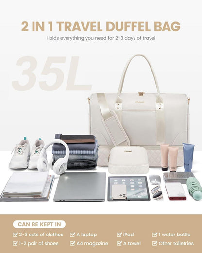 Damen Reisetasche Weekender Bag mit Schuhfach Nassfach Set Groß Beige