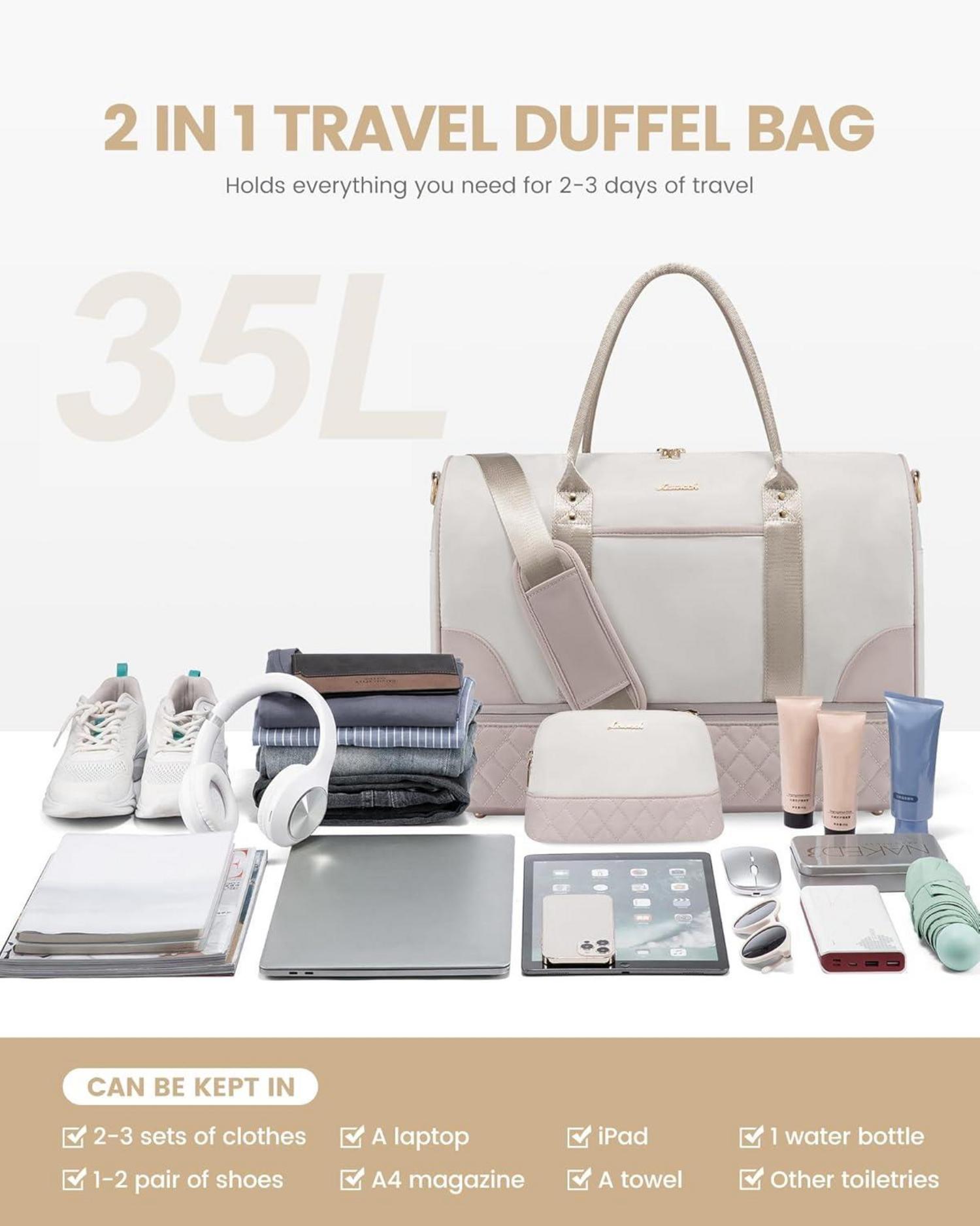 Damen Reisetasche Weekender Bag mit Schuhfach Nassfach 2-teilig Beige Khaki