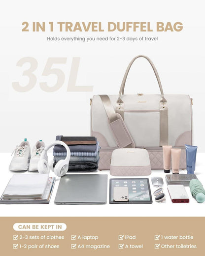 Damen Reisetasche Weekender Bag mit Schuhfach Nassfach 2-teilig Beige Khaki