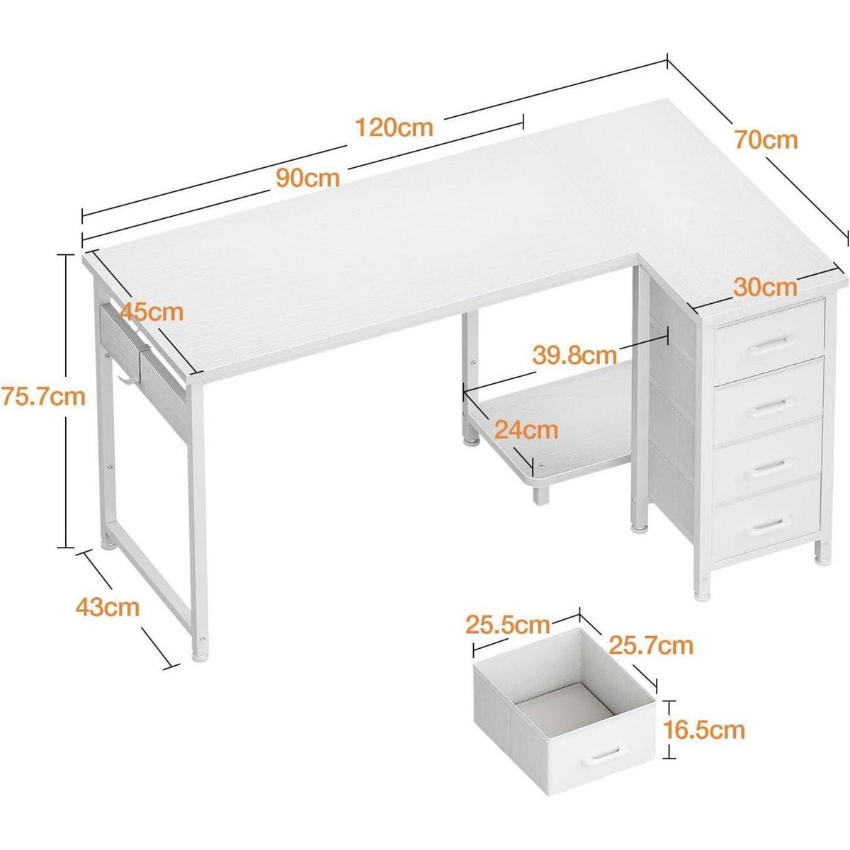 Eckschreibtisch L-Form 120x70cm mit 4 Schubladen, Weiß