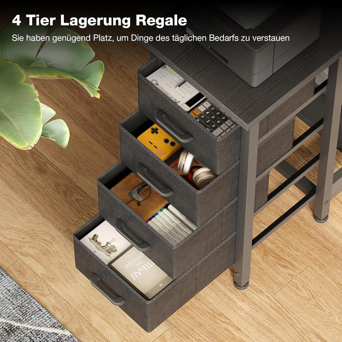 Eckschreibtisch L-Form mit 4 Schubladen, 100x70cm, Schwarz