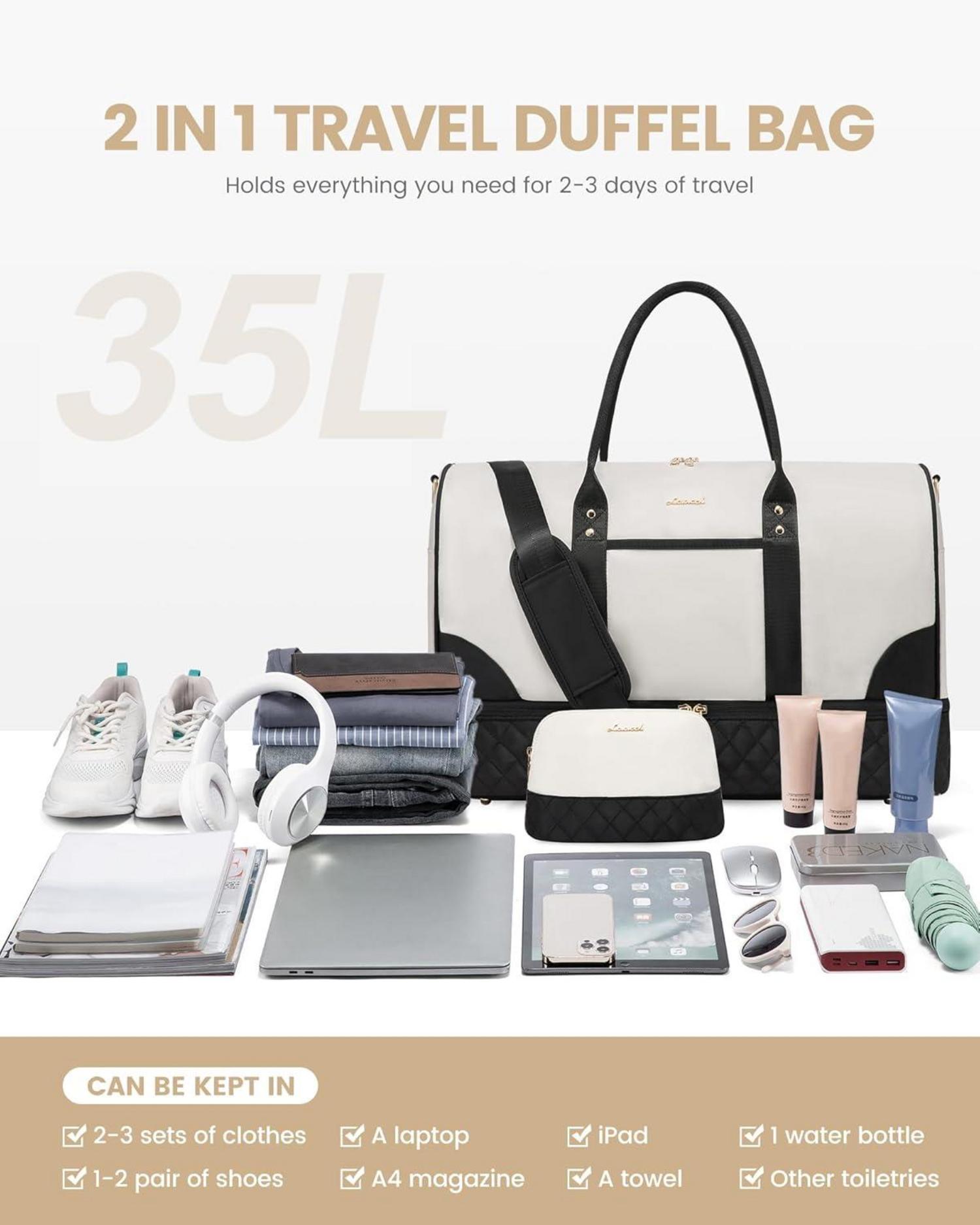 Damen Reisetasche Weekender Bag mit Schuhfach & Nassfach, 2-teilig, Schwarz