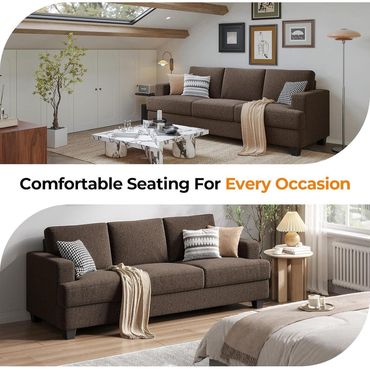 Bequemes 3-Sitzer Sofa mit tiefer Sitzfläche & Leinenbezug