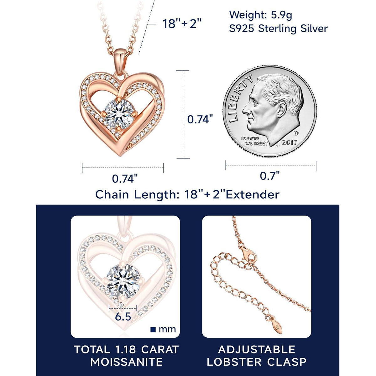 Moissanit Halskette Herz 1 Karat Rosegold Silber 925 Damen Geschenk