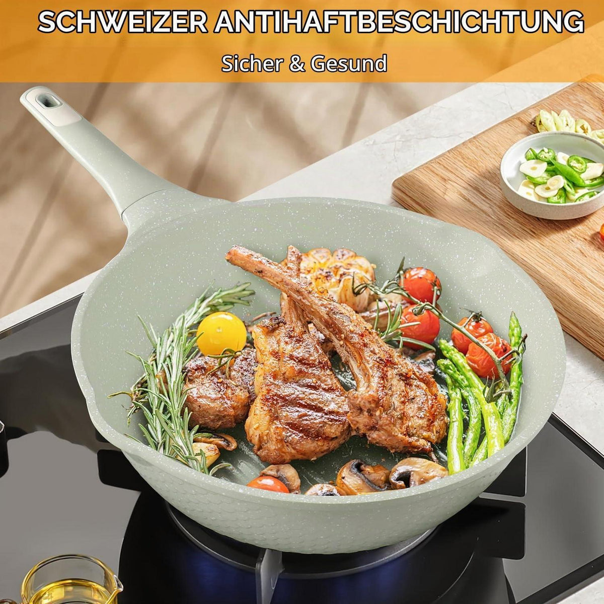 Wokpfanne mit Deckel 30 cm - Granit Antihaftbeschichtung