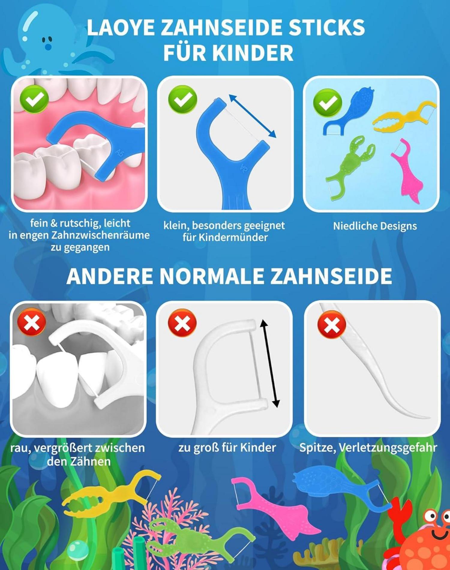 Kinder Zahnseide Flossers Sticks 128 Stk. - Ocean Tierformen, bunte Farben
