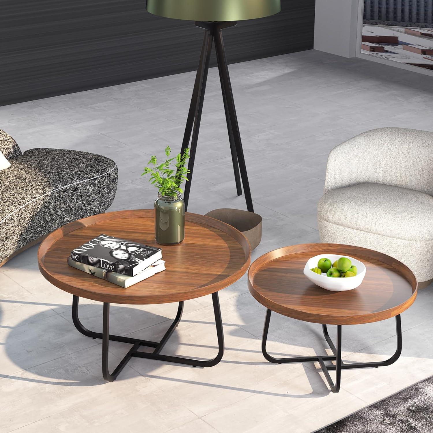 Couchtisch Rund 2er Set Holz Metall Wohnzimmer stapelbar ø70CM+ø50CM