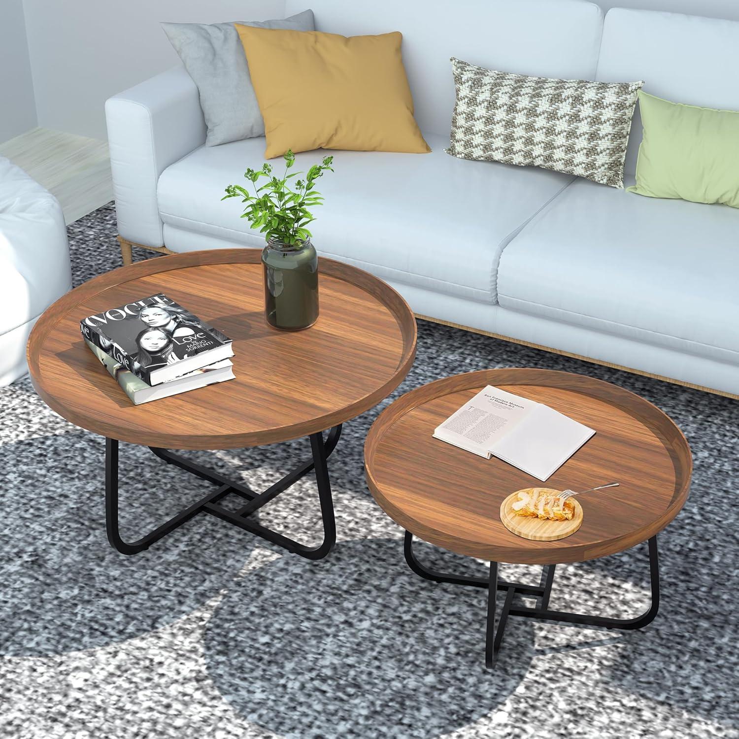 Couchtisch Rund 2er Set Holz Metall stapelbarø70CM+ø50CM
