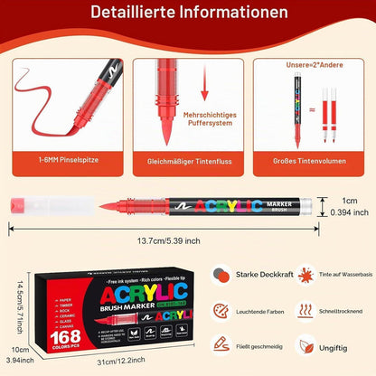 Acrylstifte Set 168 Farben | Pinselspitze für Steine, Glas & mehr