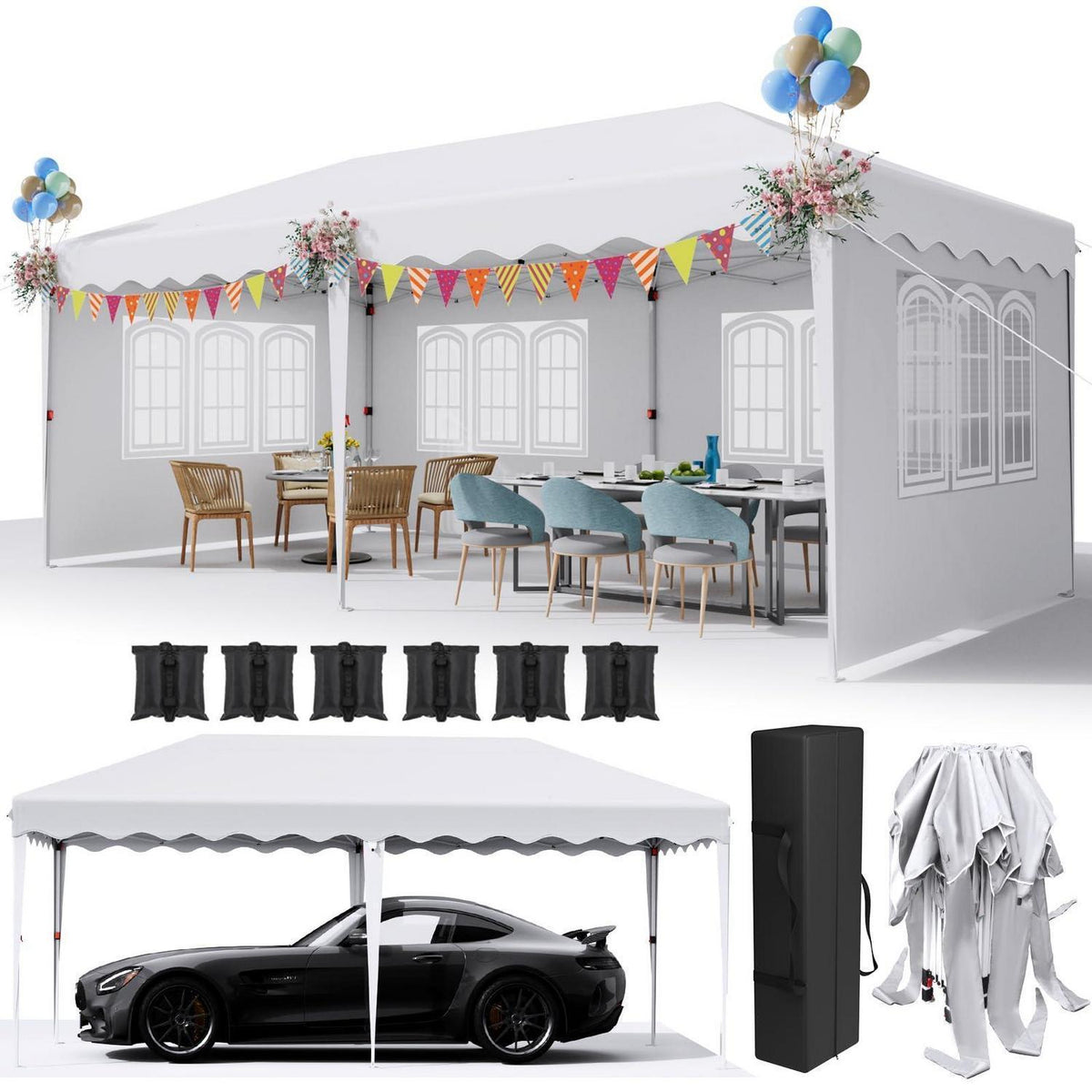 3x6m Pavillon Wasserdicht, Stabil & Mit Seitenteilen Weiß