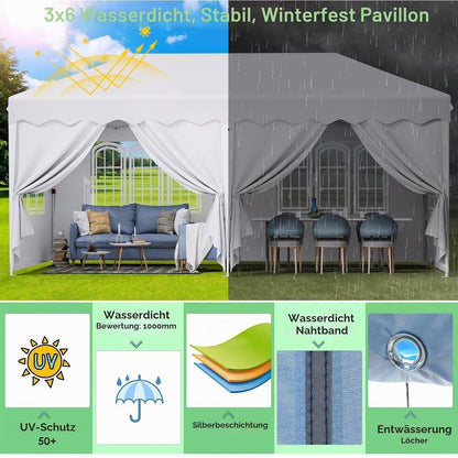 3x6m Pavillon Wasserdicht, Stabil & Mit Seitenteilen Weiß