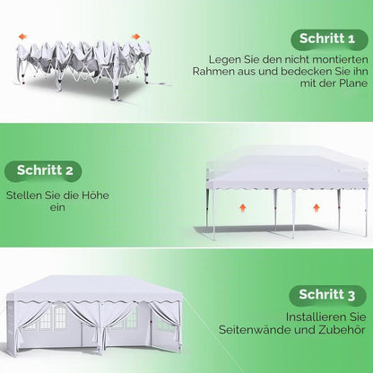 3x6m Pavillon Wasserdicht, Stabil & Mit Seitenteilen Weiß