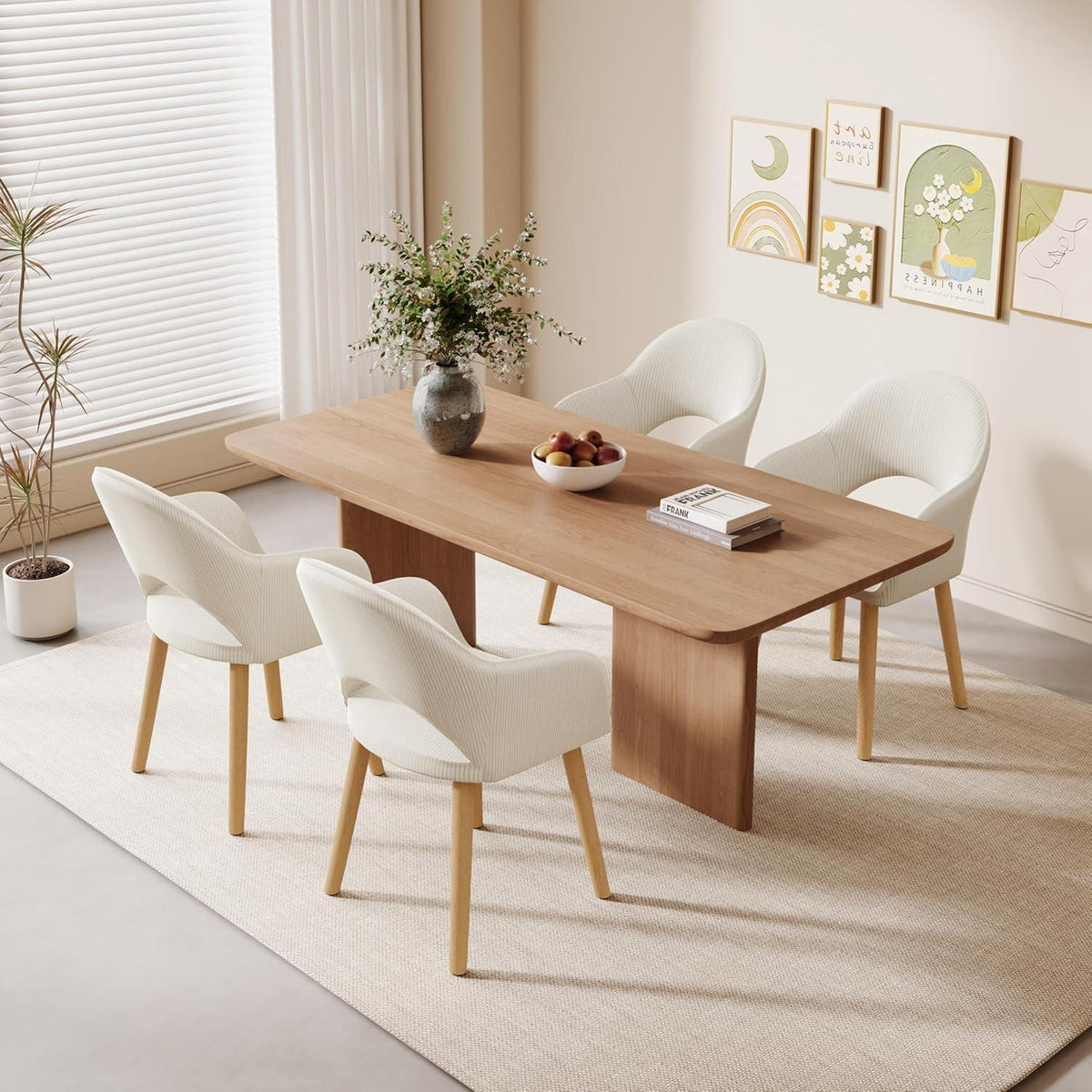 Esszimmerstühle Set 6 beige Cord mit Armlehne & Holzbeinen