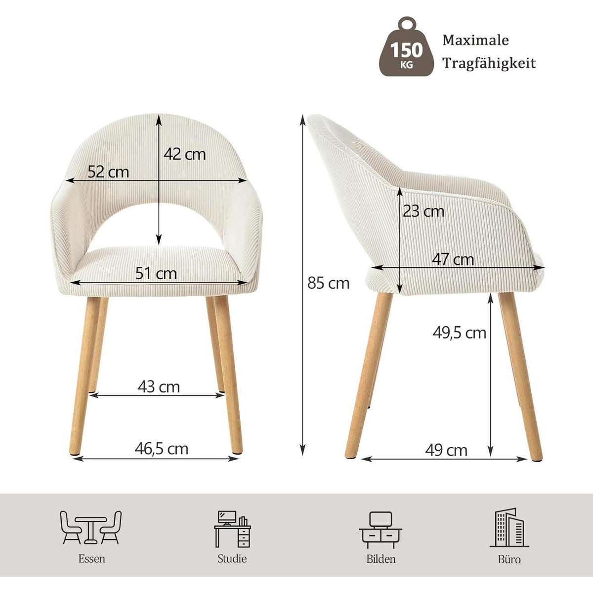 Esszimmerstühle Set 6 beige Cord mit Armlehne & Holzbeinen