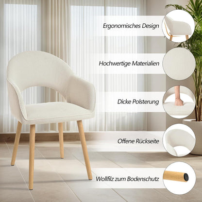 Esszimmerstühle Set 6 beige Cord mit Armlehne & Holzbeinen