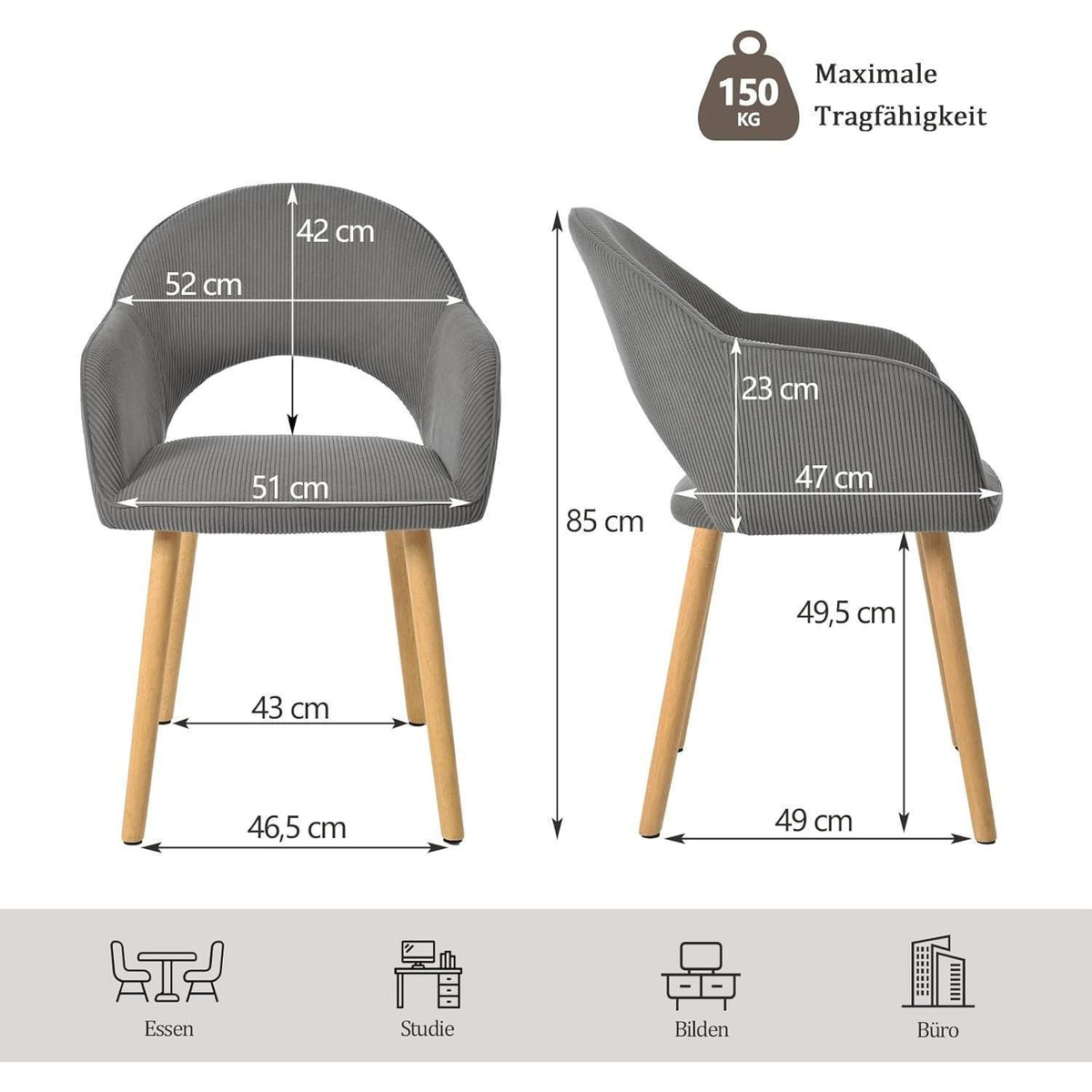 Esszimmerstühle Set Dunkelgrau Cord mit Armlehnen & Holzbeinen