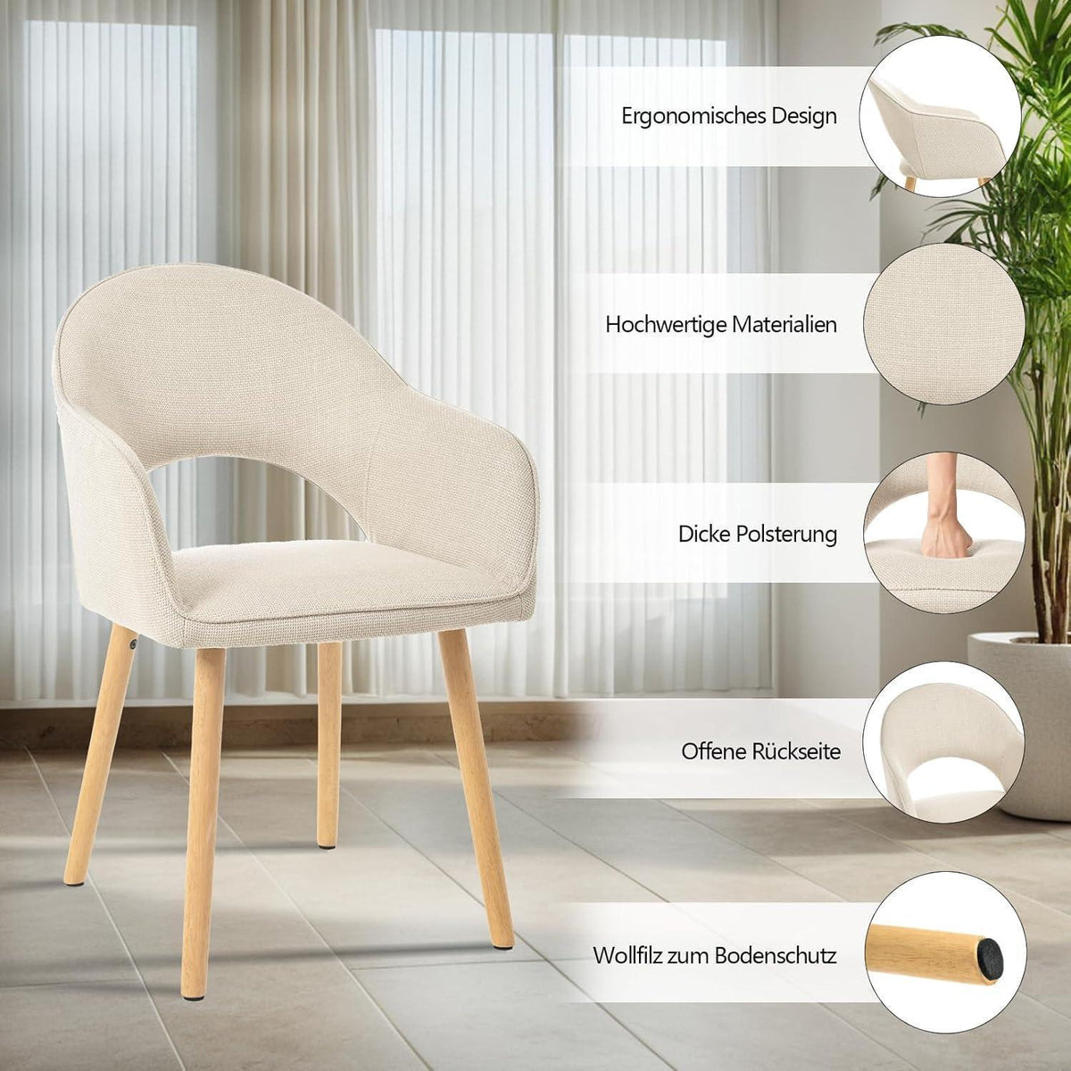 Esszimmerstühle 2er Set Beige mit Armlehne & Holzbeinen