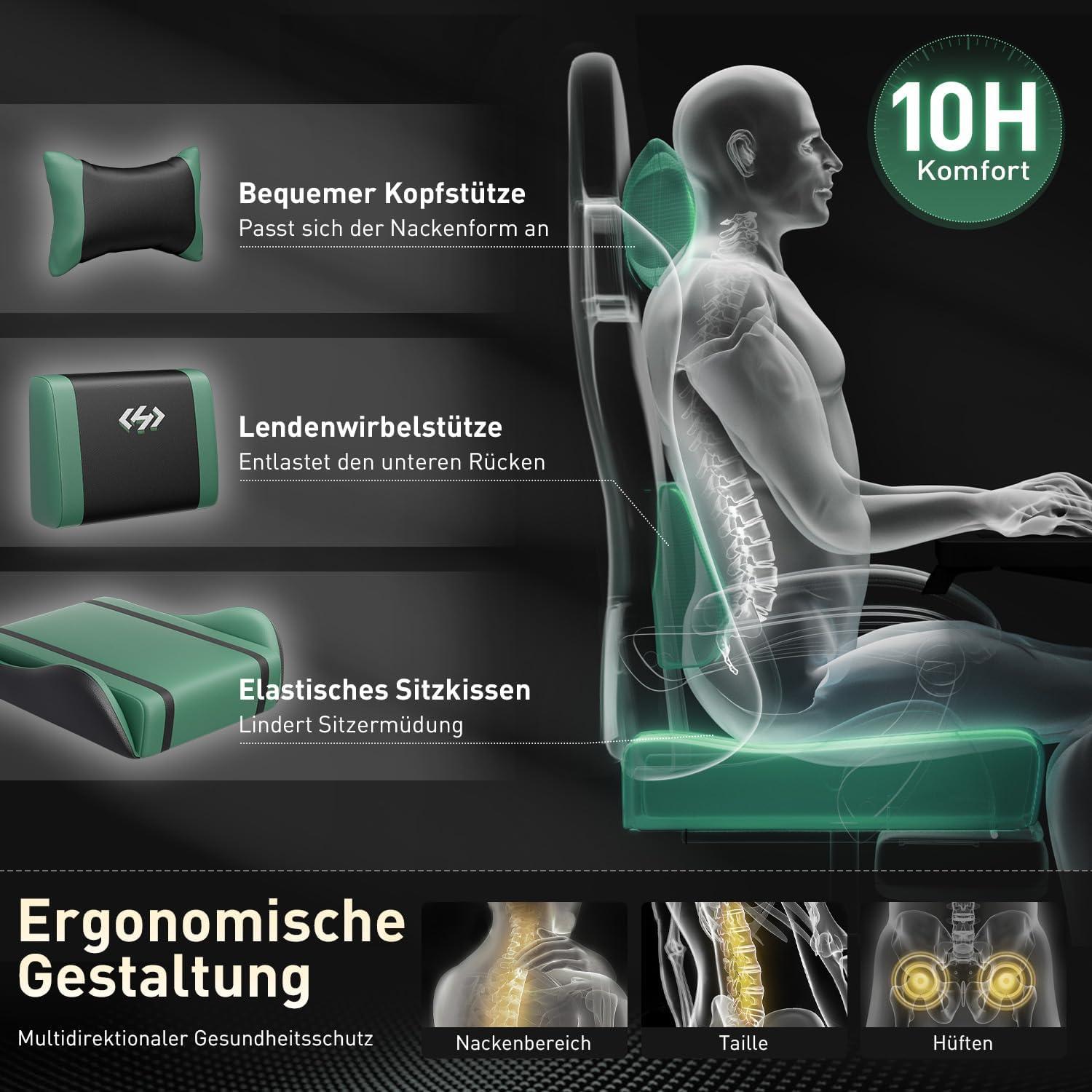Ergonomischer Gaming Stuhl mit Kopfstütze und Lendenkissen, höhenverstellbar, Schwarz-Grün