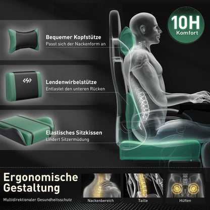 Ergonomischer Gaming Stuhl mit Kopfstütze und Lendenkissen, höhenverstellbar, Schwarz-Grün