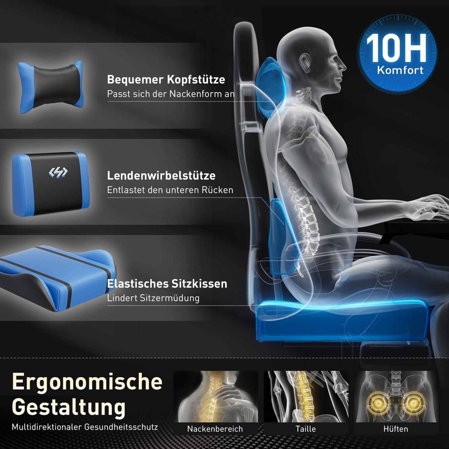 Gaming Stuhl Ergonomisch Racing Gamer Bürostuhl, Schwarz-Blau