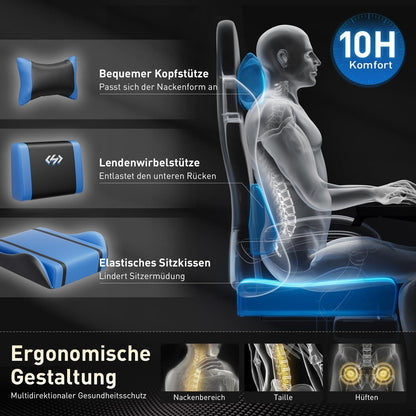 Gaming Stuhl Ergonomisch Racing Gamer Bürostuhl, Schwarz-Blau