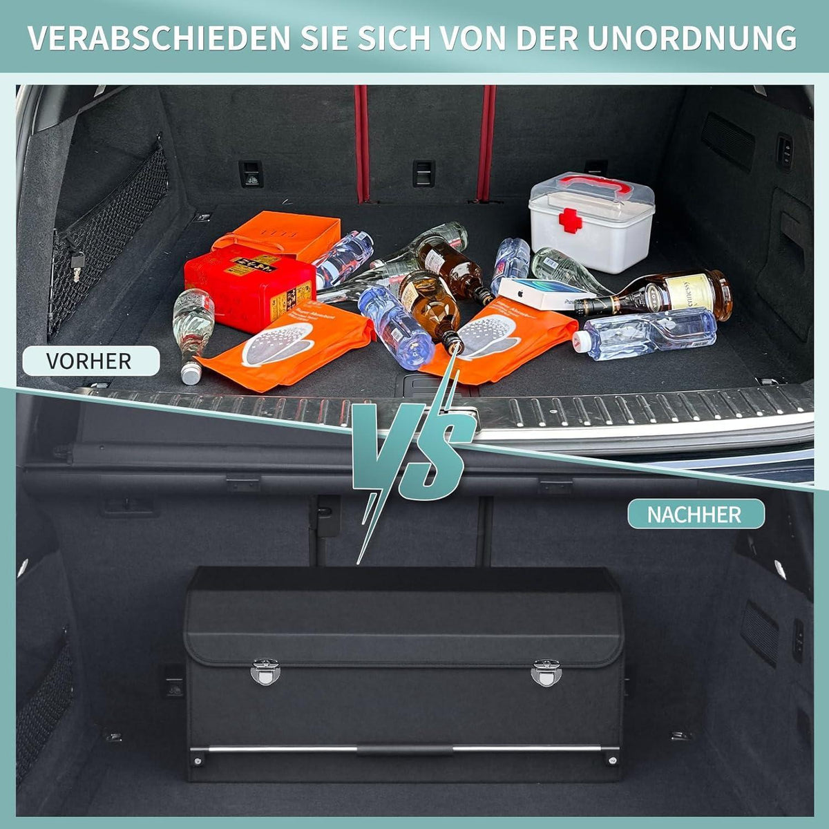 60L Kofferraum Organizer mit Deckel – Auto Aufbewahrungsbox Schwarz in Lederoptik