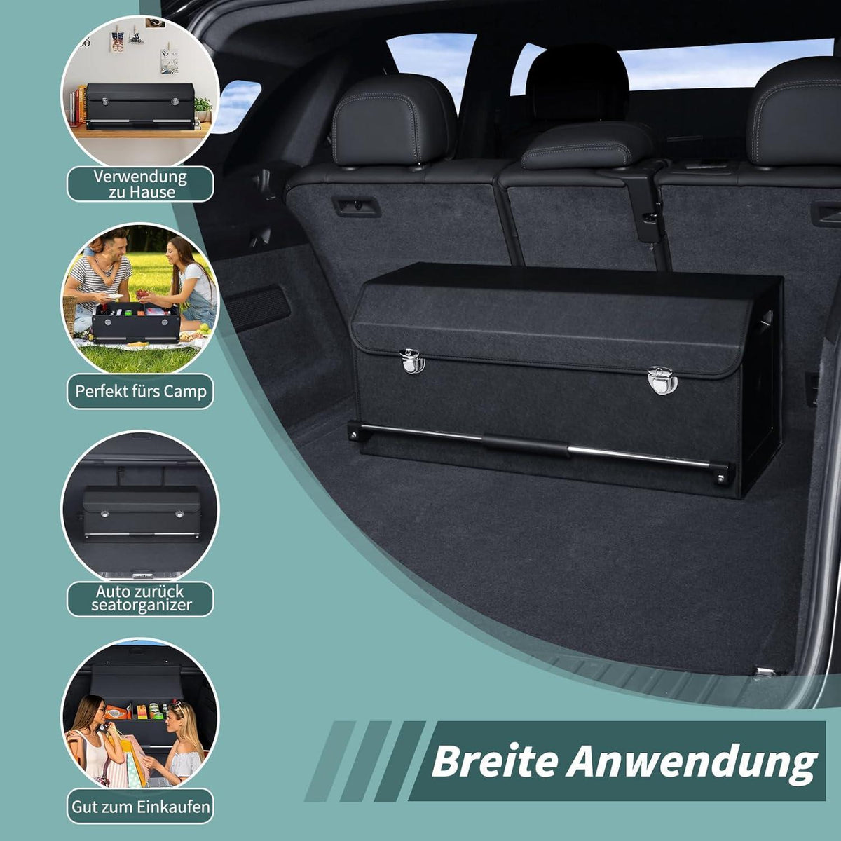 60L Kofferraum Organizer mit Deckel – Auto Aufbewahrungsbox Schwarz in Lederoptik