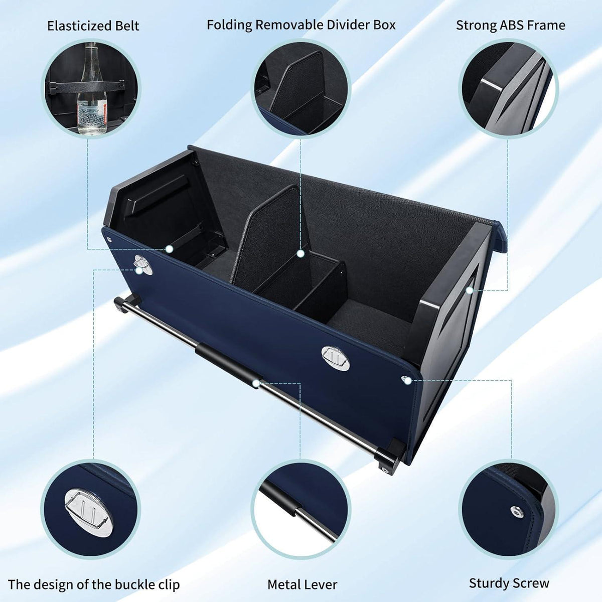 60L Kofferraum Organizer mit Deckel – Blau in Lederoptik