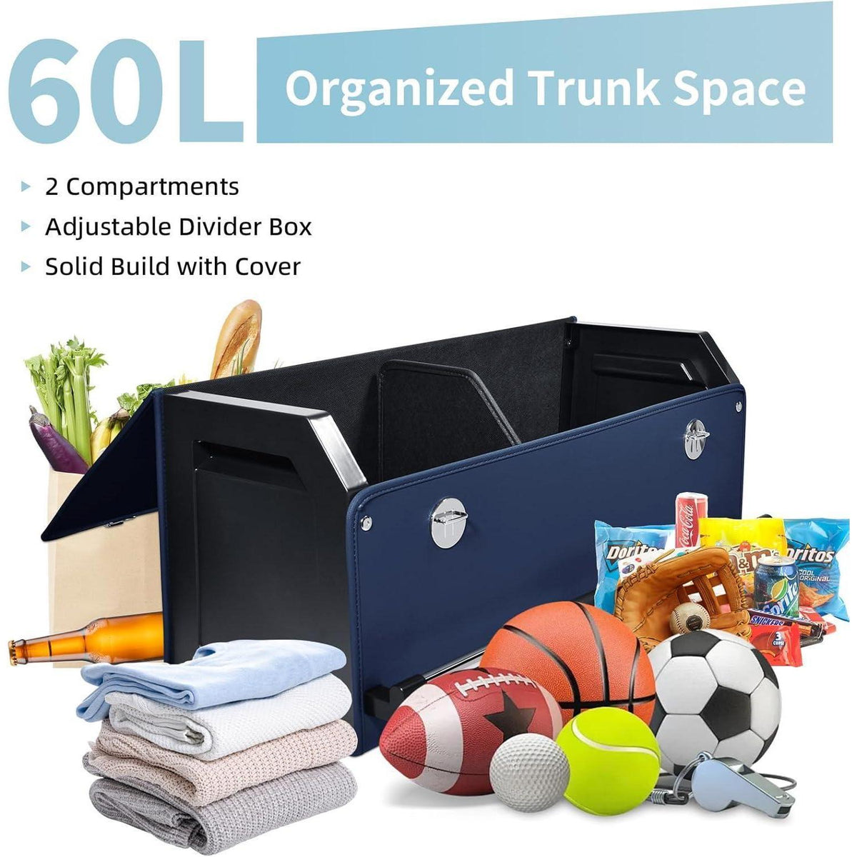 60L Kofferraum Organizer mit Deckel – Blau in Lederoptik