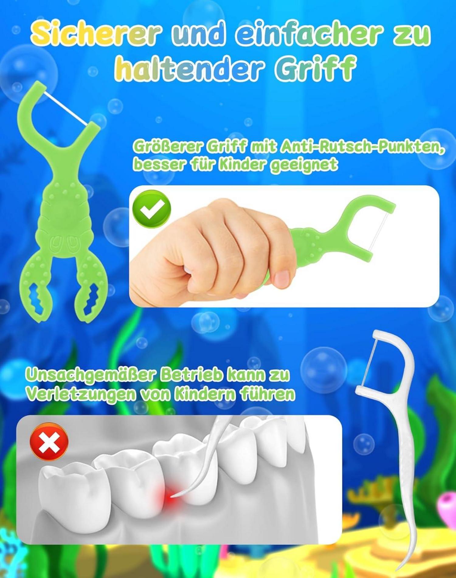 Kinder Zahnseide Flossers 128er Pack – Meerestier-Design, rutschhemmend
