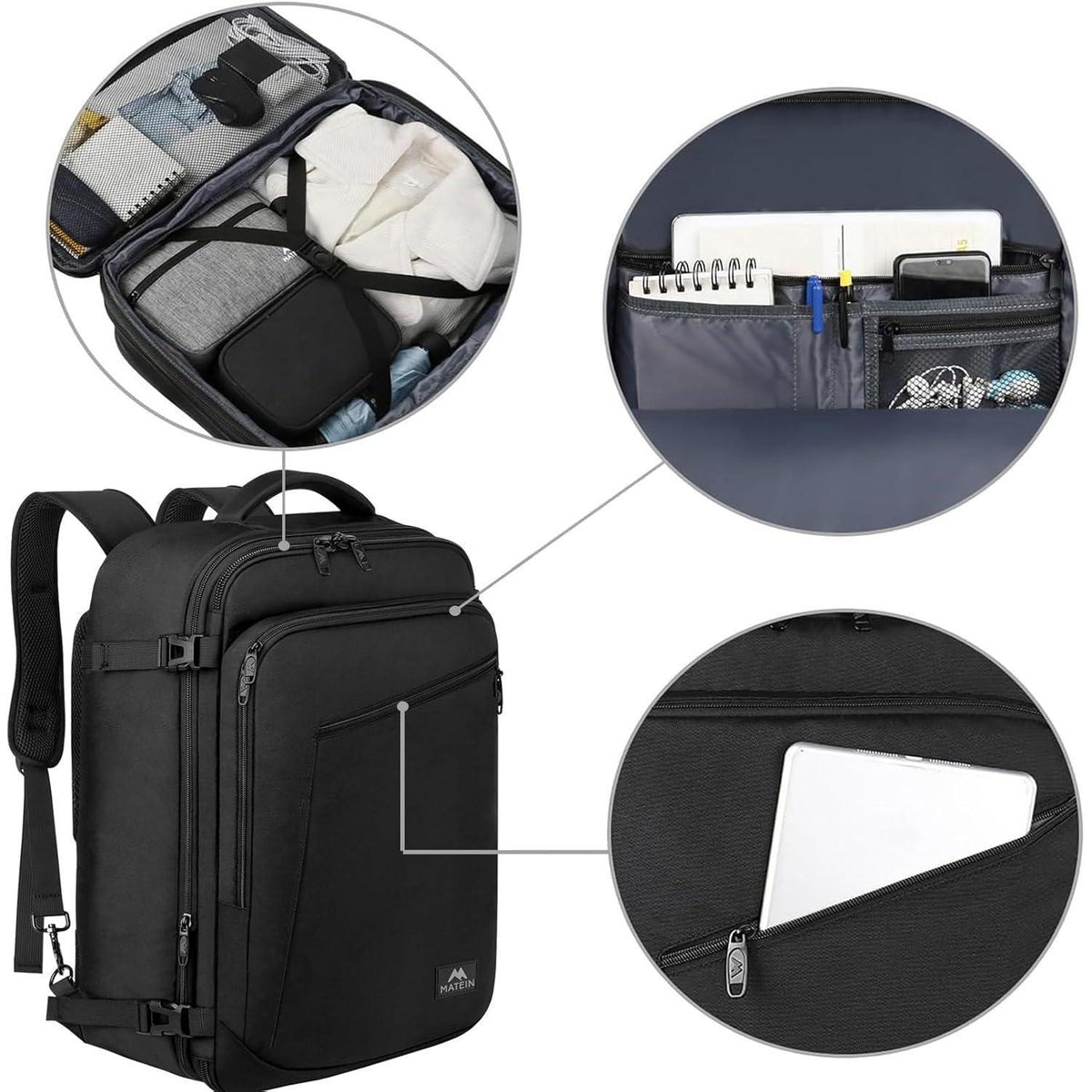 50L Handgepäck Rucksack erweiterbar, schwarz