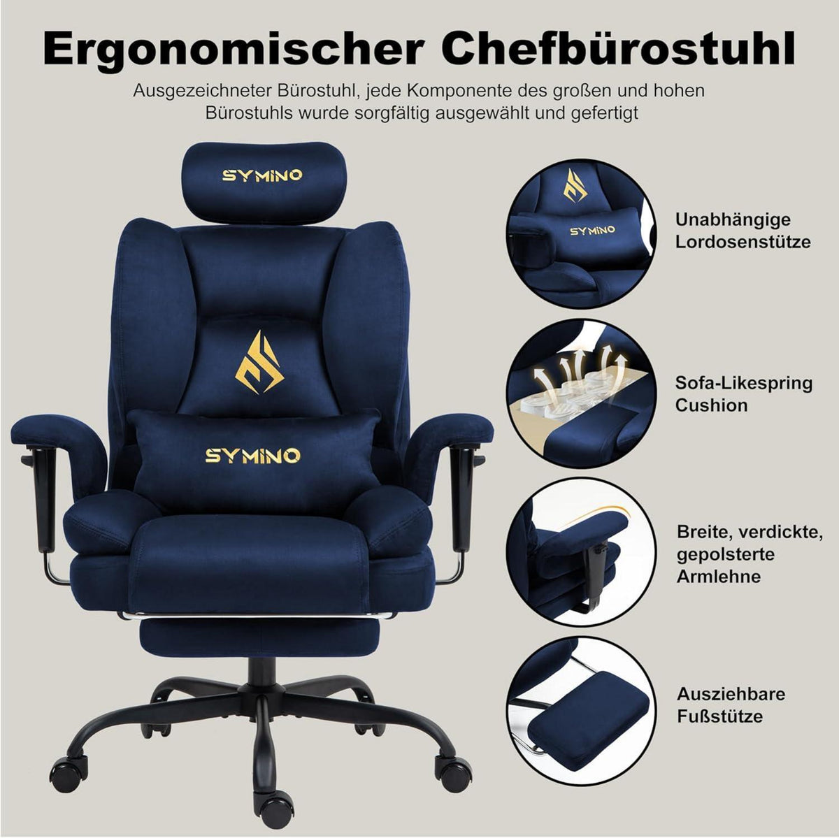 Symino Gaming Stuhl Bürostuhl mit Fußstütze ergonomisch höhenverstellbar 130kg Blau