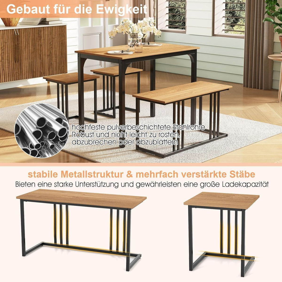 Esszimmer Set 4-teilig mit Tisch, Bank & Hockern (Natur)