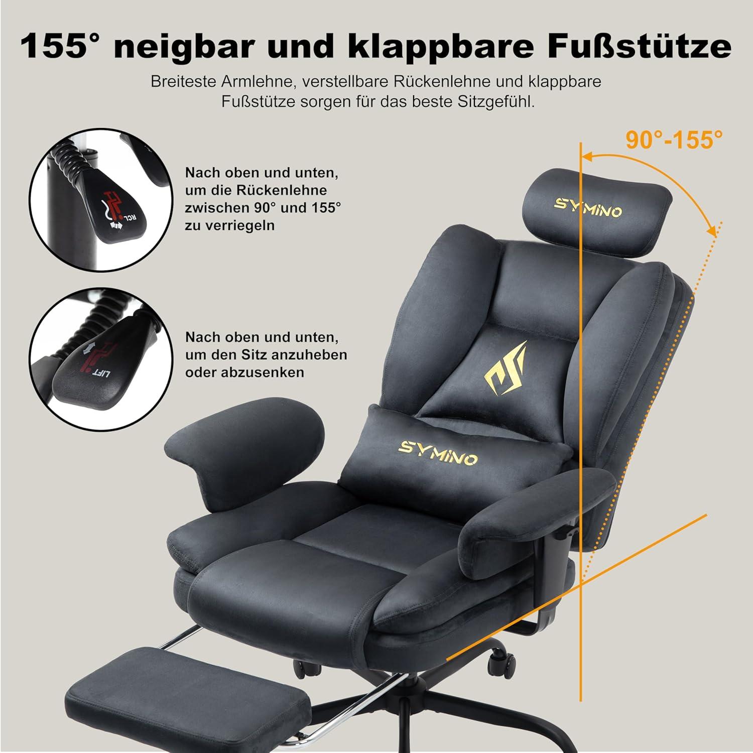 Gaming Stuhl Bürostuhl mit Fußstütze, höhenverstellbar 130kg, Grau