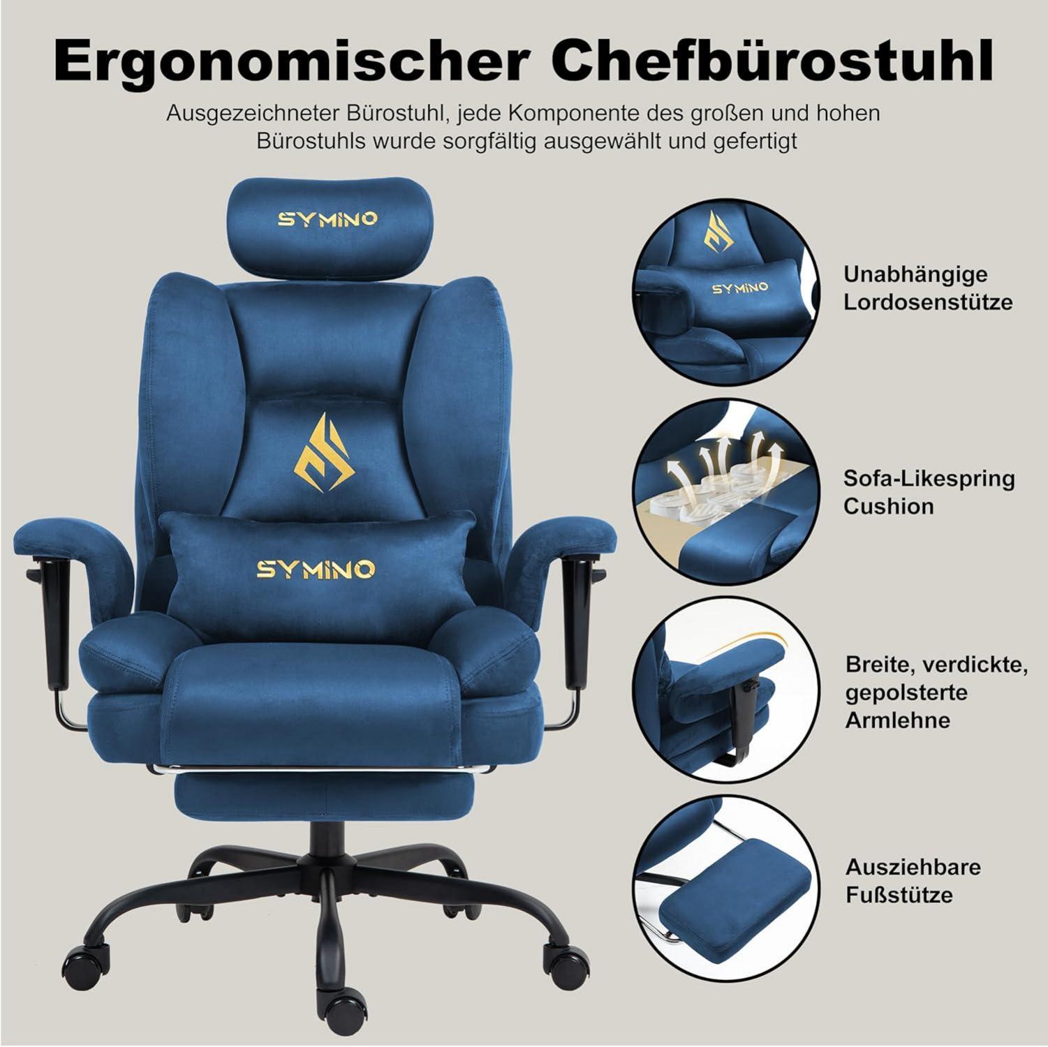 Symino Gaming Stuhl Bürostuhl mit Fußstütze Blau Ergonomisch 130kg