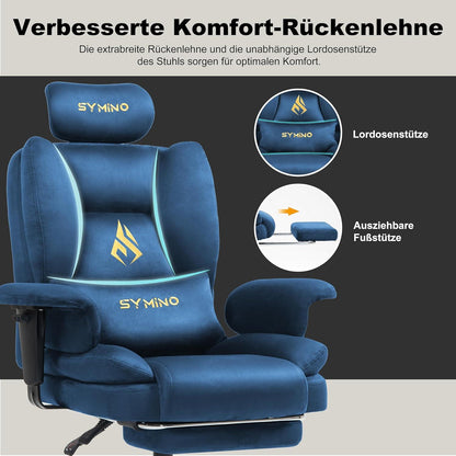 Ergonomischer Symino Gaming Stuhl mit Fußstütze, Höhenverstellbar, Blau
