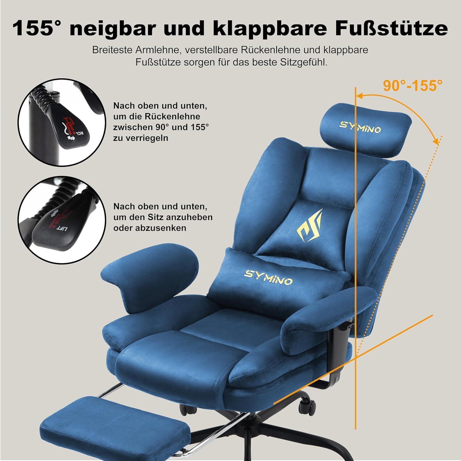 Gaming Stuhl Bürostuhl Ergonomisch mit Fußstütze, 130kg Blau