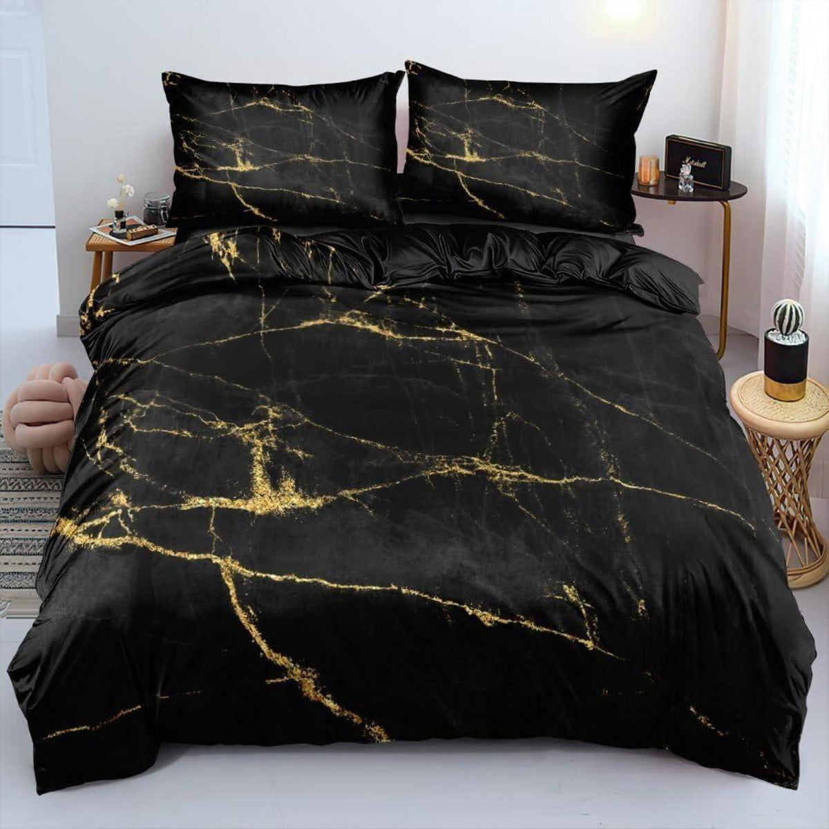 4tlg. Bettwäsche Set Marmor Schwarz Gold 135x200 cm