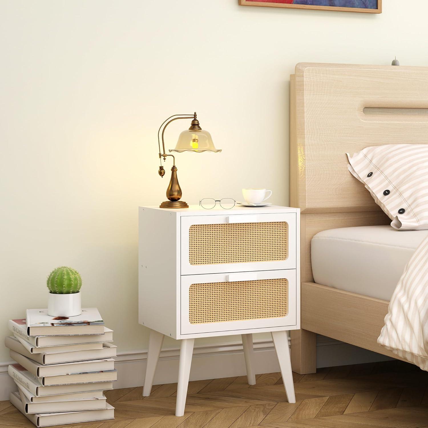 Rattan Nachttisch mit 2 Schubladen, Boho Beistelltisch in