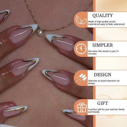 24 Stück Weiße Mandel-Drucknägel Glänzend Gold French Tip Medium-Stiletto