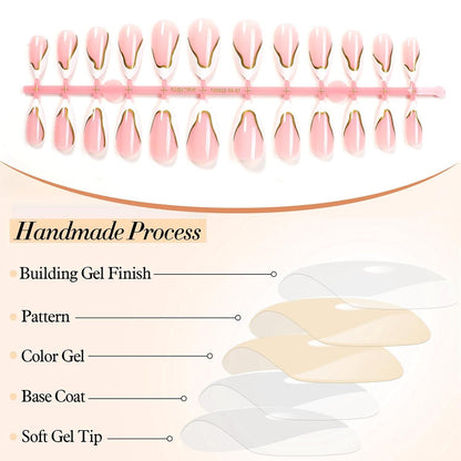 24x Glänzende Weiße Mittel Mandel Falsche Nägel Gold Akryl French Tip
