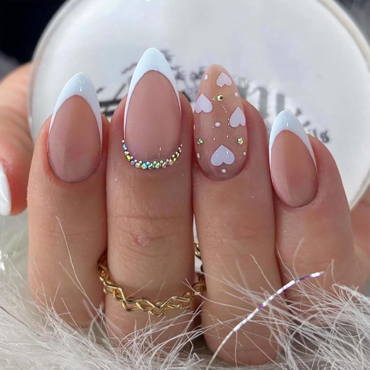 French Tip Acrylnägel Mandel Herz Weiß Kleber Nägel Perl Design