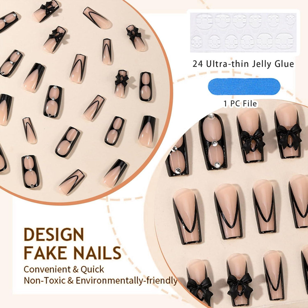 Schwarze Schleifen Press on Nägel French Tip Sarg 24 Stück