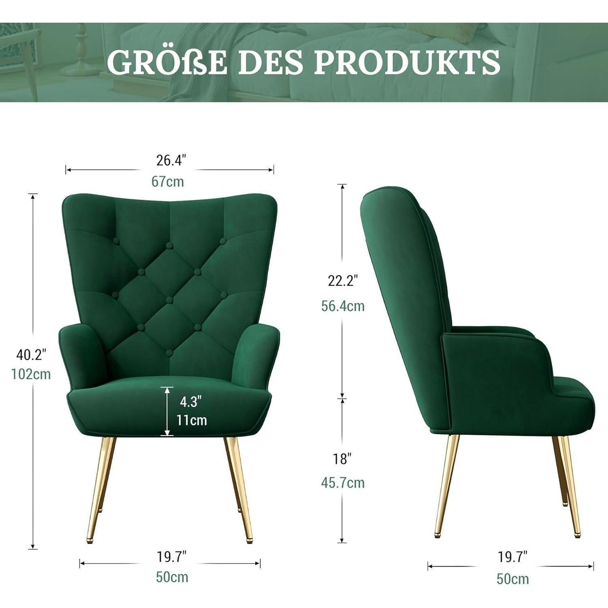 2er-Set Sessel mit Metallbeinen, Grün