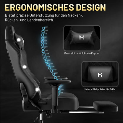 Gaming Stuhl Ergonomisch Rückenlehne verstellbar Gamer mit Kopfstütze Lendenkissen Schwarz
