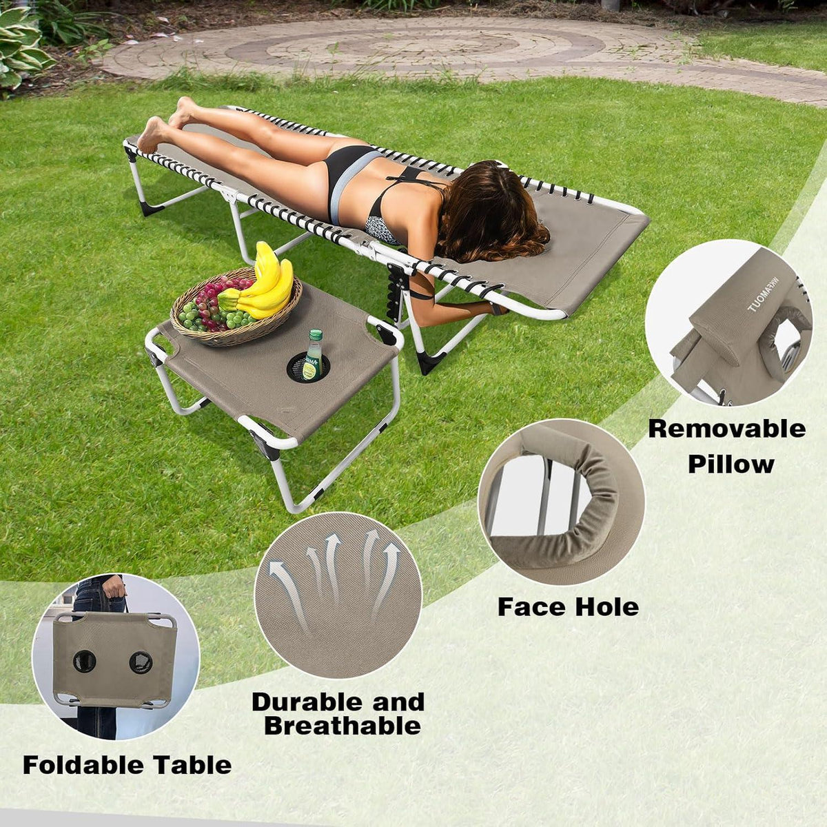 WKFAMOUT Sonnenliege Klappbar 5-Stufig Verstellbar Klapptisch Kissen Khaki