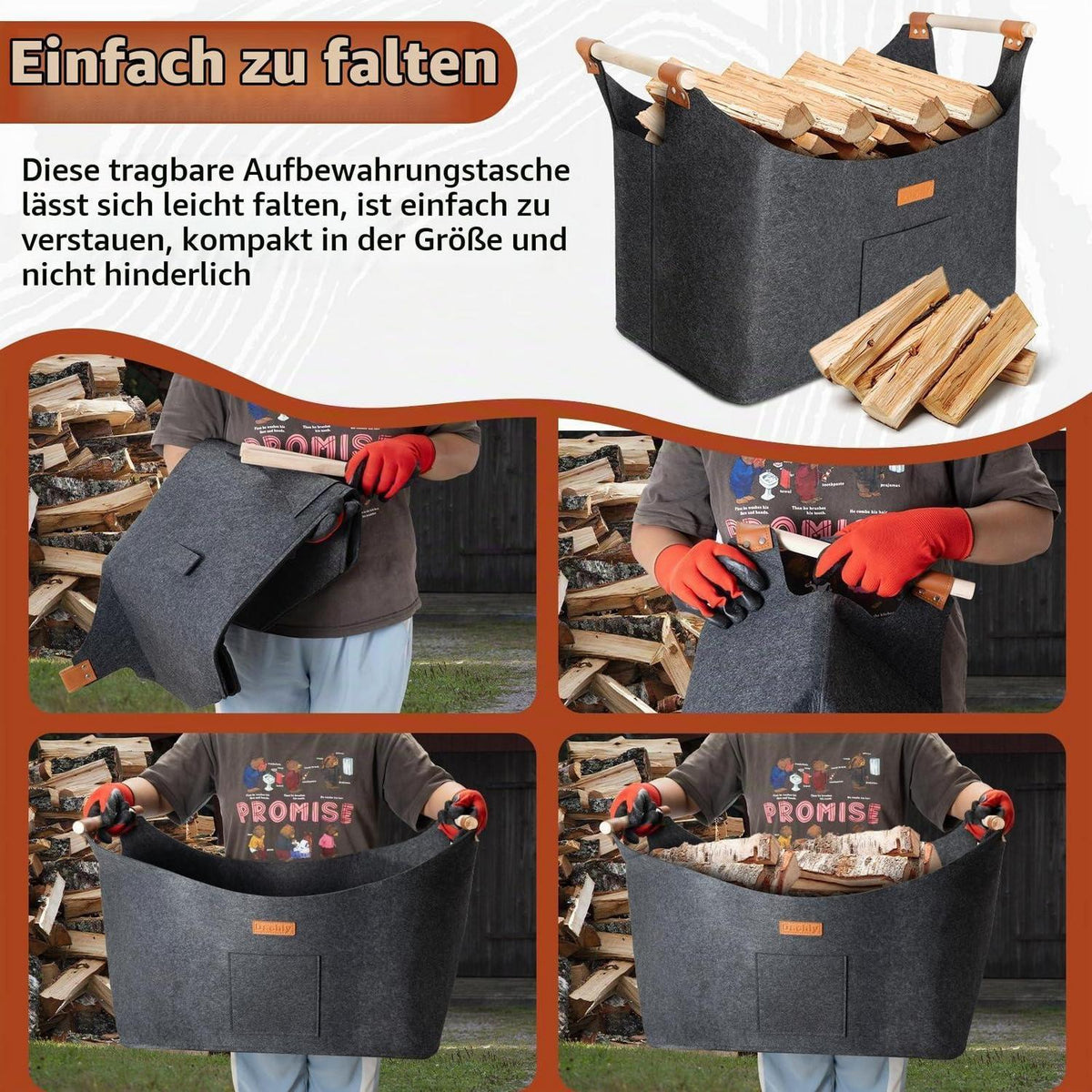 Faltbarer Holzkorb Filztasche Dunkelgrau – 50x32x40 cm